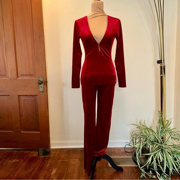 Vintage 90s Frederick’s of Hollywood Red Velvet Flare Leg Jumpsuit XS - Picture 1 of 7